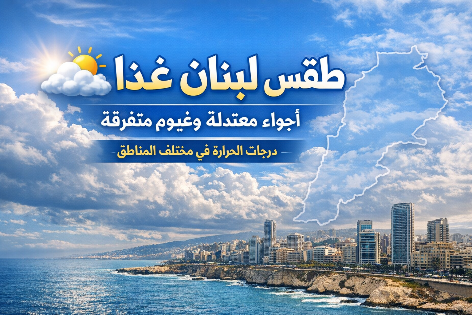 طقس لبنان غدًا: أجواء معتدلة وغيوم متفرقة… وهذه درجات الحرارة في مختلف المناطق